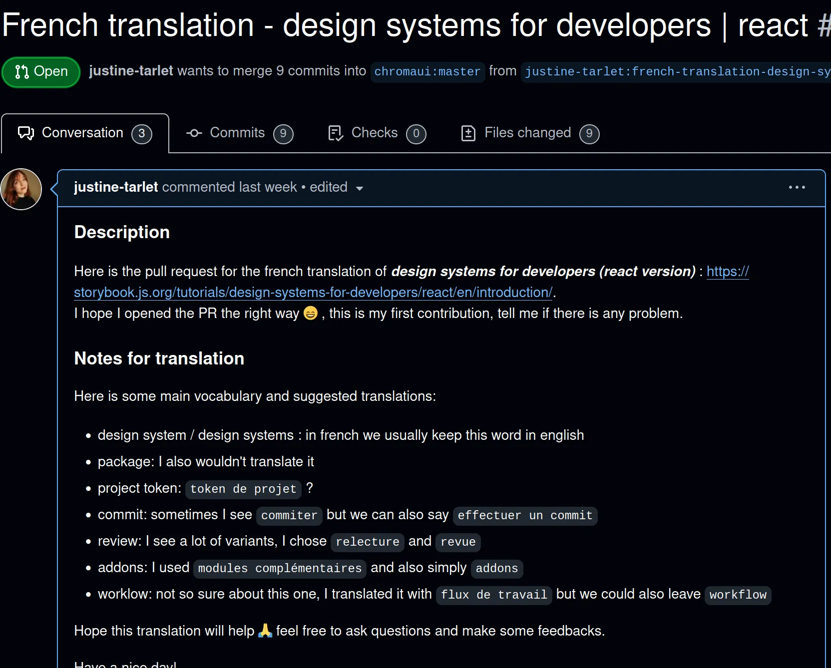 Capture d'écran d'une PR GitHub'