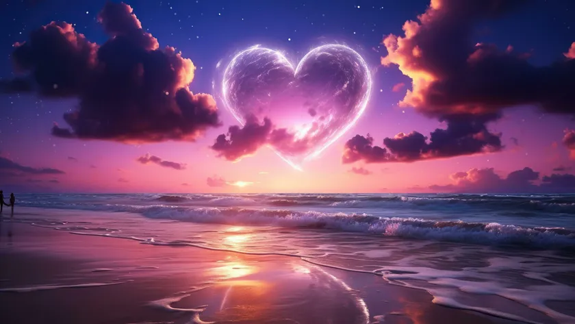 Image d'un coeur sur la plage avec des couleurs roses et démodées